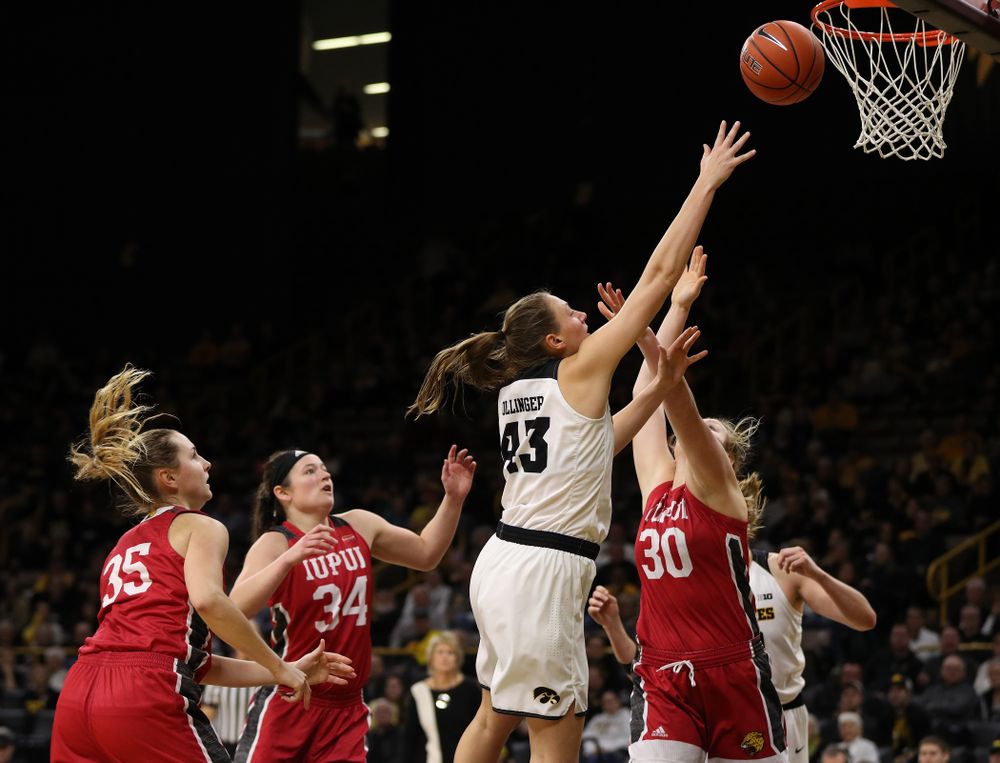 Iowa Hawkeyes forward Amanda Ollinger (43) against the IUPUI Jaguars Saturday, December 8, 2018 at Carver-Hawkeye Arena. (Brian Ray/hawkeyesports.com)