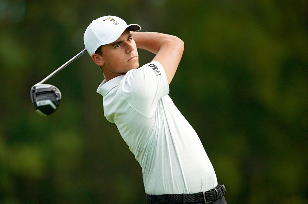 Iowa’s Garrett Tighe tees off during the second day of the Golfweek Conference Challenge at the Cedar Rapids Country Club in Cedar Rapids on Monday, Sep 16, 2019. (Stephen Mally/hawkeyesports.com)