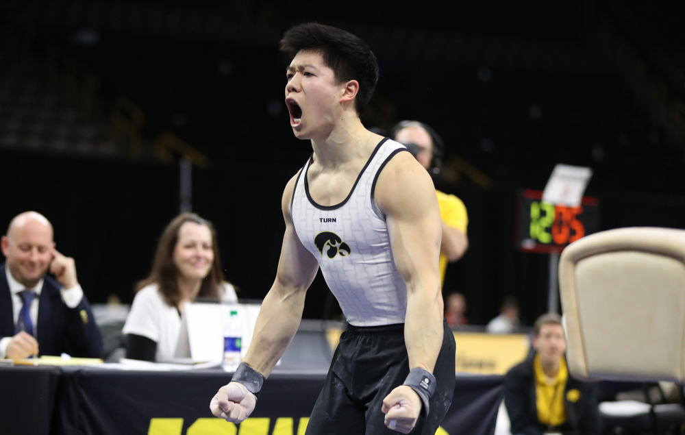 Bennet Huang competes on the pommel horse against UIC and Minnesota Saturday, February 2, 2019 at Carver-Hawkeye Arena. (Brian Ray/hawkeyesports.com)