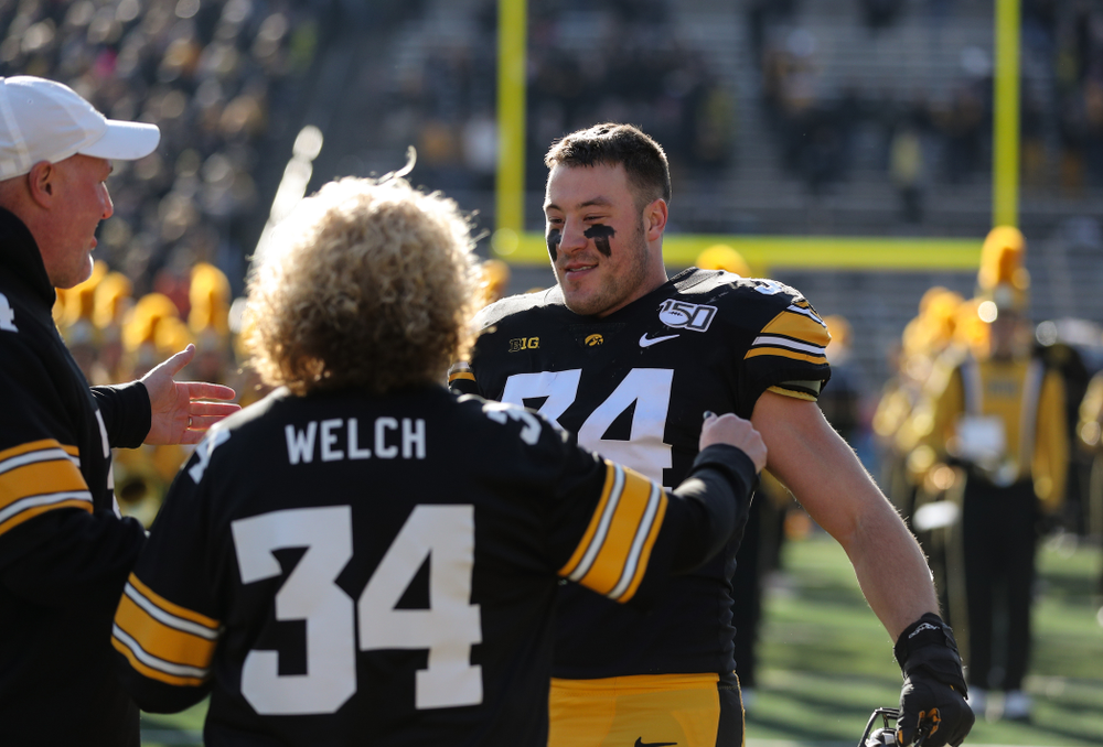 Iowa Hawkeyes linebacker Kristian Welch (34) during Senior Day festivities before their game against the Illinois Fighting Illini Saturday, November 23, 2019 at Kinnick Stadium. (Brian Ray/hawkeyesports.com)