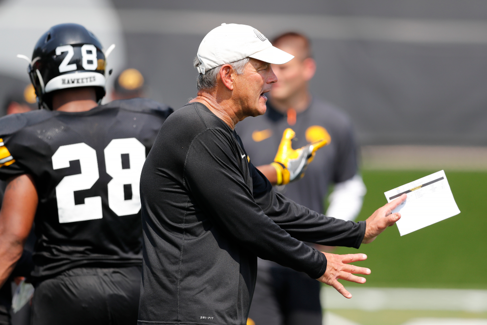 Iowa Hawkeyes head coach Kirk Ferentz during practice No. 7 of fall camp Friday, August 10, 2018 at the Kenyon Football Practice Facility. (Brian Ray/hawkeyesports.com)