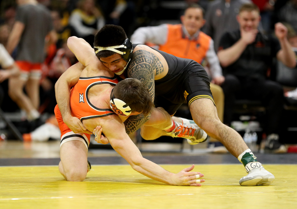 Iowa’s Pat Lugo Wrestles Oklahoma State’s Boo Luwallen at 149 pounds Sunday, February 23, 2020 at Carver-Hawkeye Arena. Lugo won the match by fall. (Brian Ray/hawkeyesports.com)