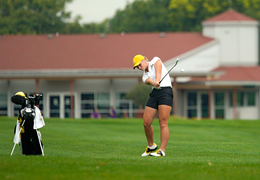 Iowa’s Lilly Gentzkow hits from the fairway during their dual against Northern Iowa at Pheasant Ridge Golf Course in Cedar Falls on Monday, Sep 2, 2019. (Stephen Mally/hawkeyesports.com)