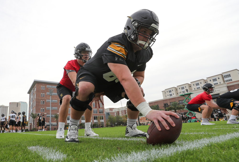 Iowa Hawkeyes offensive lineman Keegan Render (69) and quarterback Nate Stanley (4) during the team's first Outback Bowl Practice in Florida Thursday, December 27, 2018 at Tampa University. (Brian Ray/hawkeyesports.com)