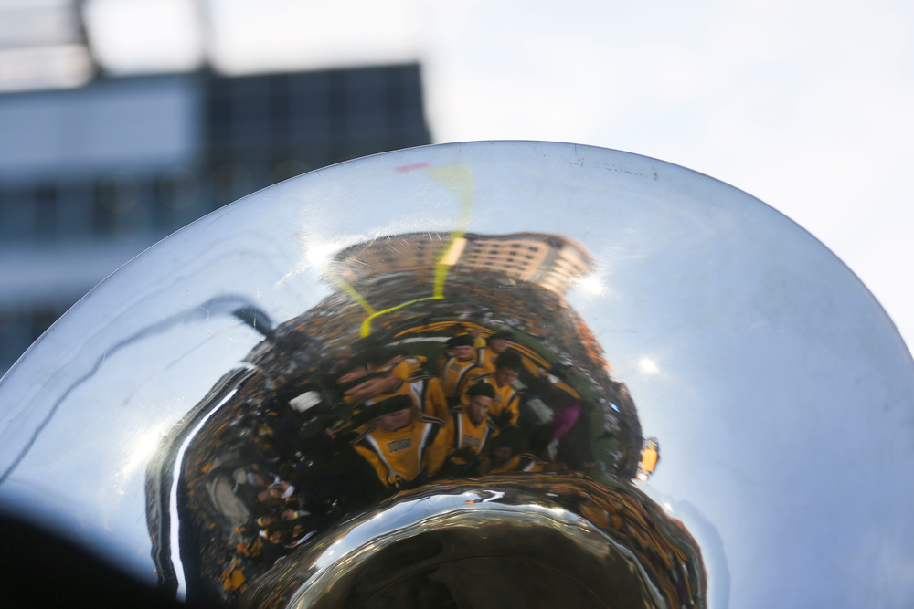 The University of Iowa Stead Family Children’s Hospital is seen in the reflection of a tuba during Iowa football vs Penn State on Saturday, October 12, 2019 at Kinnick Stadium. (Lily Smith/hawkeyesports.com)