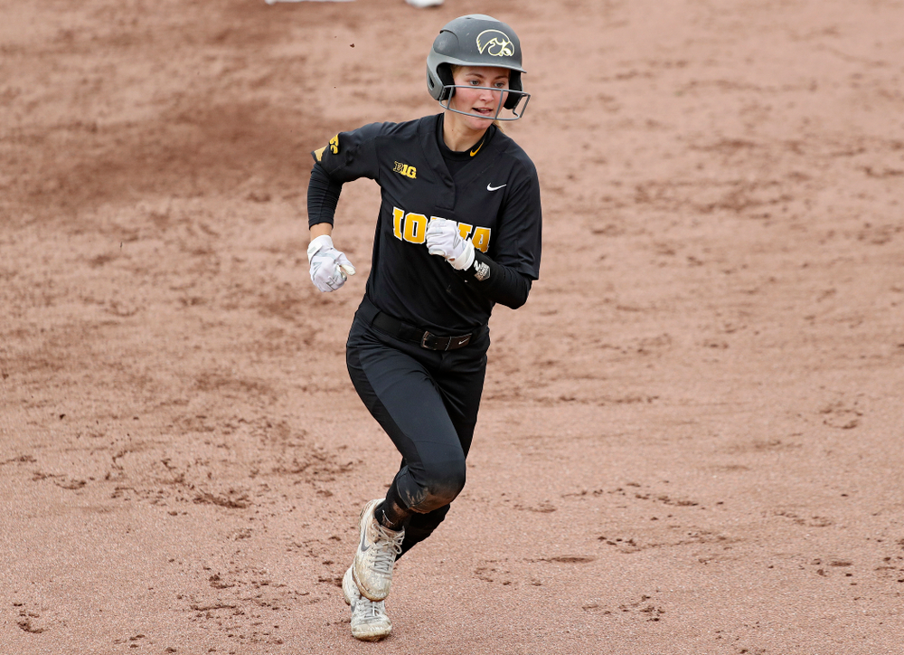 Iowa’s Aralee Bogar (2) runs to third during the fourth inning of their game against Iowa Softball vs Indian Hills Community College at Pearl Field in Iowa City on Sunday, Oct 6, 2019. (Stephen Mally/hawkeyesports.com)