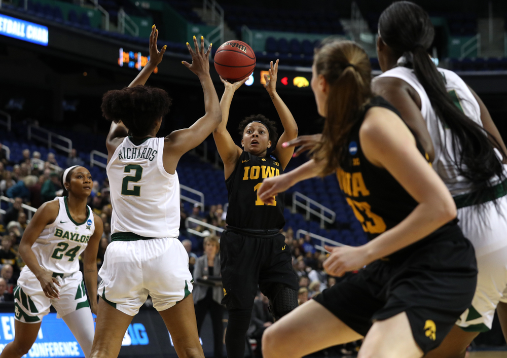 Iowa Hawkeyes guard Tania Davis (11) against the Baylor Lady Bears in the regional final of the 2019 NCAA Women's College Basketball Tournament Monday, April 1, 2019 at Greensboro Coliseum in Greensboro, NC.(Brian Ray/hawkeyesports.com)