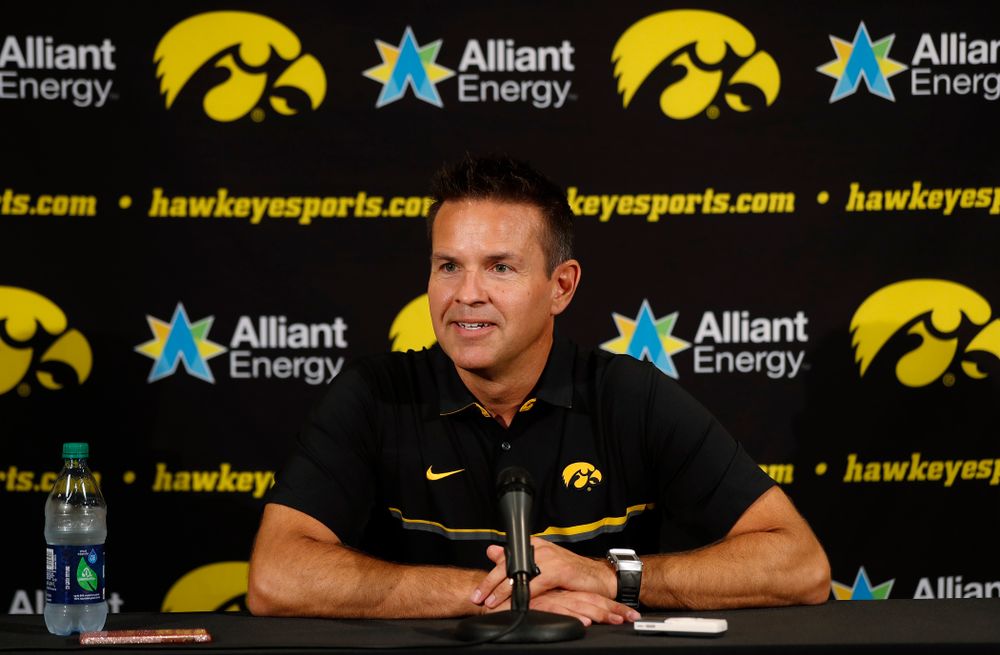 Iowa Hawkeyes head coach Bond Shymansky answers questions from reporters during the team's annual media day Friday, August 17, 2018 at Carver-Hawkye Arena. (Brian Ray/hawkeyesports.com)