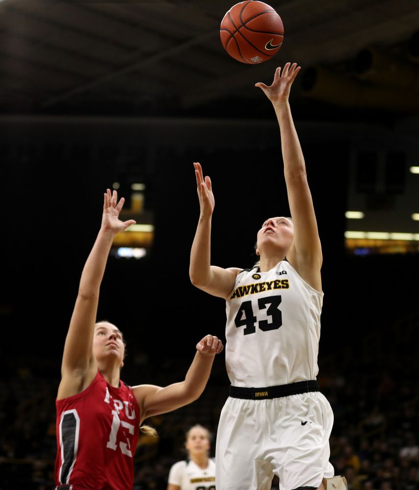 Iowa Hawkeyes forward Amanda Ollinger (43) against the IUPUI Jaguars Saturday, December 8, 2018 at Carver-Hawkeye Arena. (Brian Ray/hawkeyesports.com)