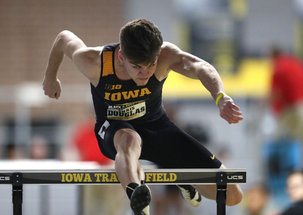 Iowa's Chris Douglas competes in the 60-meter hurdles during the Black and Gold Premier meet Saturday, January 26, 2019 at the Recreation Building. (Brian Ray/hawkeyesports.com)