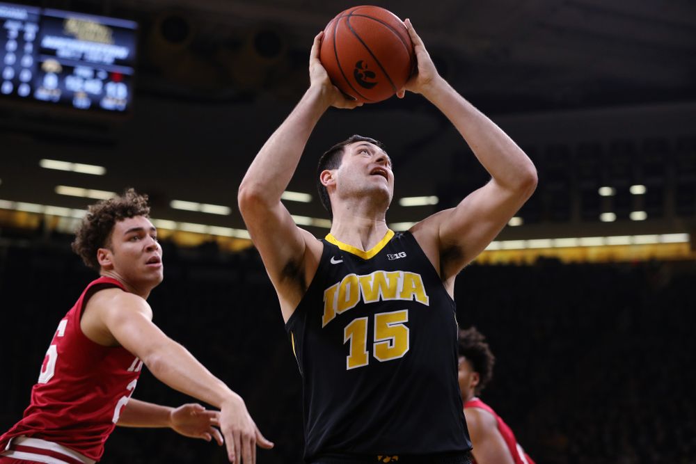 Iowa Hawkeyes forward Ryan Kriener (15) against the Indiana Hoosiers Friday, February 22, 2019 at Carver-Hawkeye Arena. (Brian Ray/hawkeyesports.com)