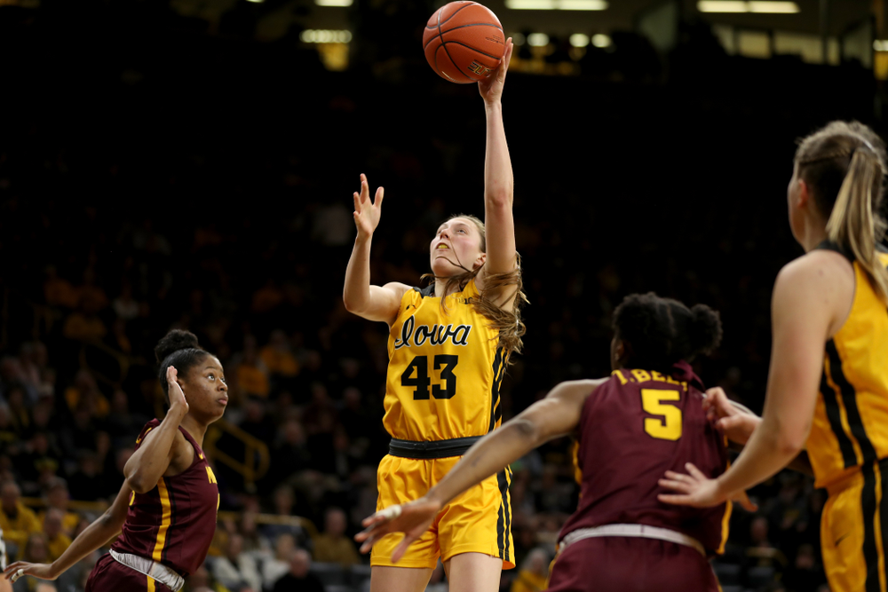 Iowa Hawkeyes forward Amanda Ollinger (43) against the Minnesota Golden Gophers Thursday, February 27, 2020 at Carver-Hawkeye Arena. (Brian Ray/hawkeyesports.com)