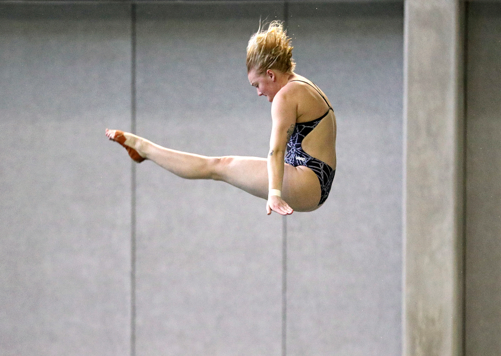 Iowa’s Thelma Strandberg competes in the women’s platform diving preliminary event during the 2020 Women’s Big Ten Swimming and Diving Championships at the Campus Recreation and Wellness Center in Iowa City on Saturday, February 22, 2020. (Stephen Mally/hawkeyesports.com)