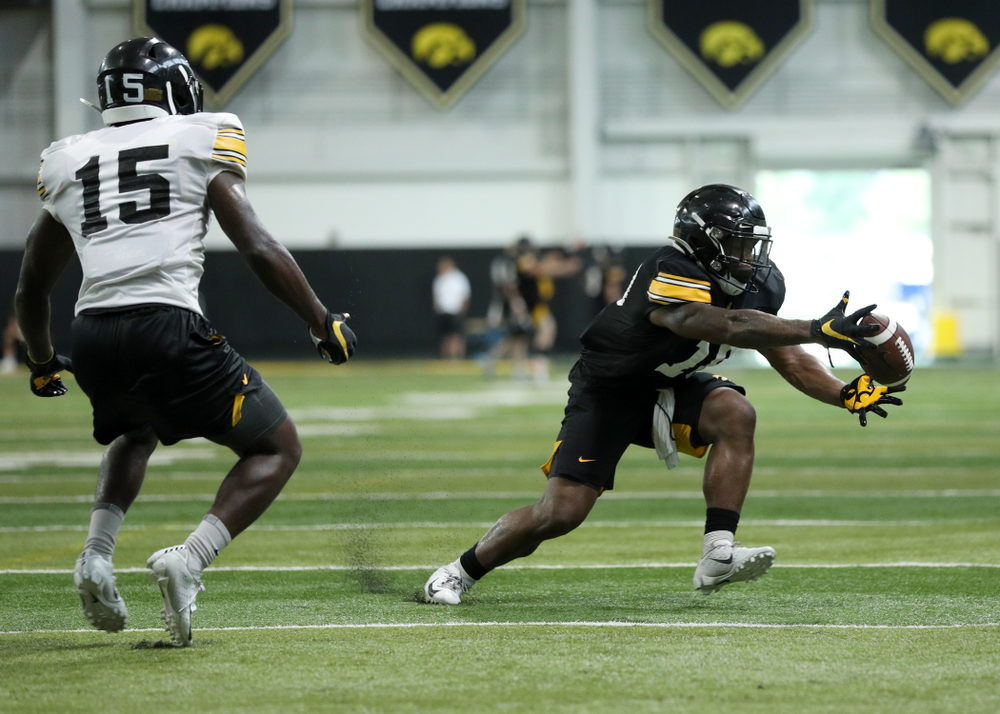 Iowa Hawkeyes running back Mekhi Sargent (10) during Fall Camp Practice No. 16 Tuesday, August 20, 2019 at the Ronald D. and Margaret L. Kenyon Football Practice Facility. (Brian Ray/hawkeyesports.com)