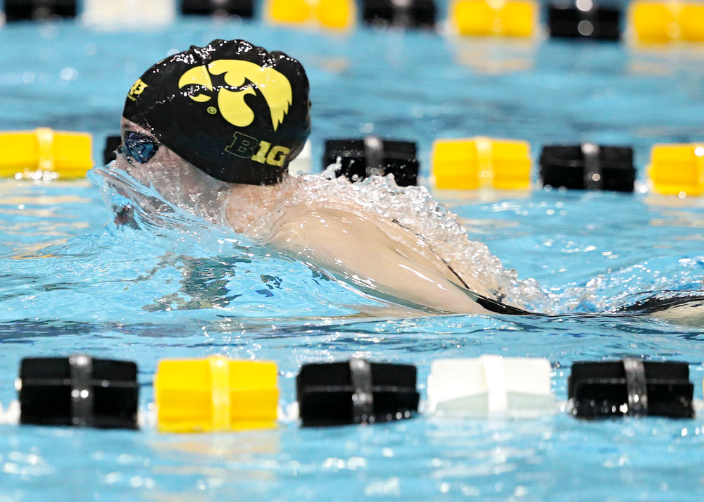 Iowa’s Allyssa Fluit swims the breaststroke section of the 100-yard individual medley event during their meet against Michigan State at the Campus Recreation and Wellness Center in Iowa City on Thursday, Oct 3, 2019. (Stephen Mally/hawkeyesports.com)