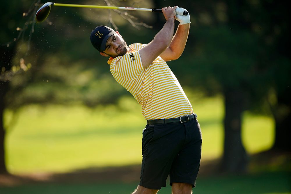 Iowa's Gonzalo Leal tees off during the third round of the Hawkeye Invitational at Finkbine Golf Course in Iowa City on Sunday, Apr. 21, 2019. (Stephen Mally/hawkeyesports.com)