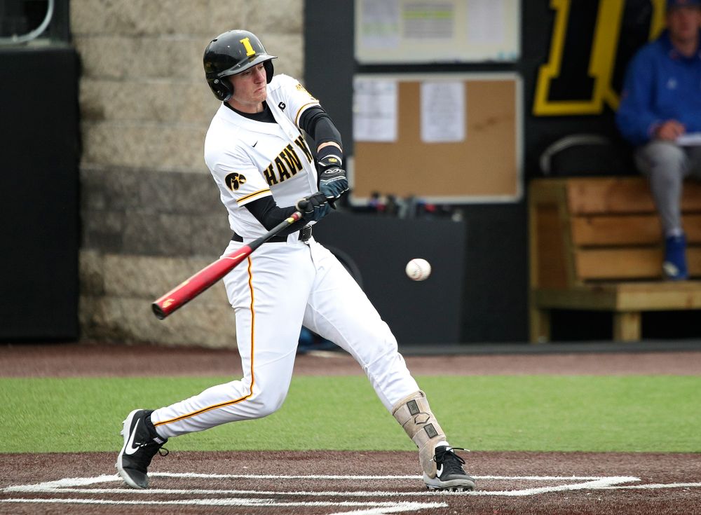Iowa third baseman Brendan Sher (2) gets a hit during the second inning of their college baseball game at Duane Banks Field in Iowa City on Wednesday, March 11, 2020. (Stephen Mally/hawkeyesports.com)