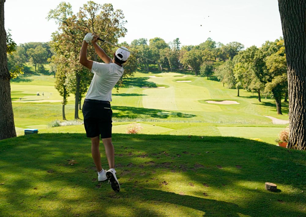 Iowa’s Joe Kim tees off during the second day of the Golfweek Conference Challenge at the Cedar Rapids Country Club in Cedar Rapids on Monday, Sep 16, 2019. (Stephen Mally/hawkeyesports.com)