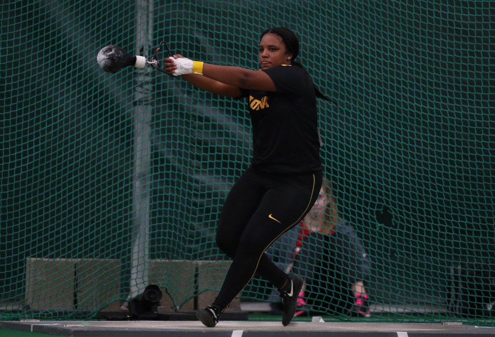 Iowa's Nia Britt competes in the weight throw Friday, January 11, 2019 at the Hawkeye Tennis and Recreation Center. (Brian Ray/hawkeyesports.com)