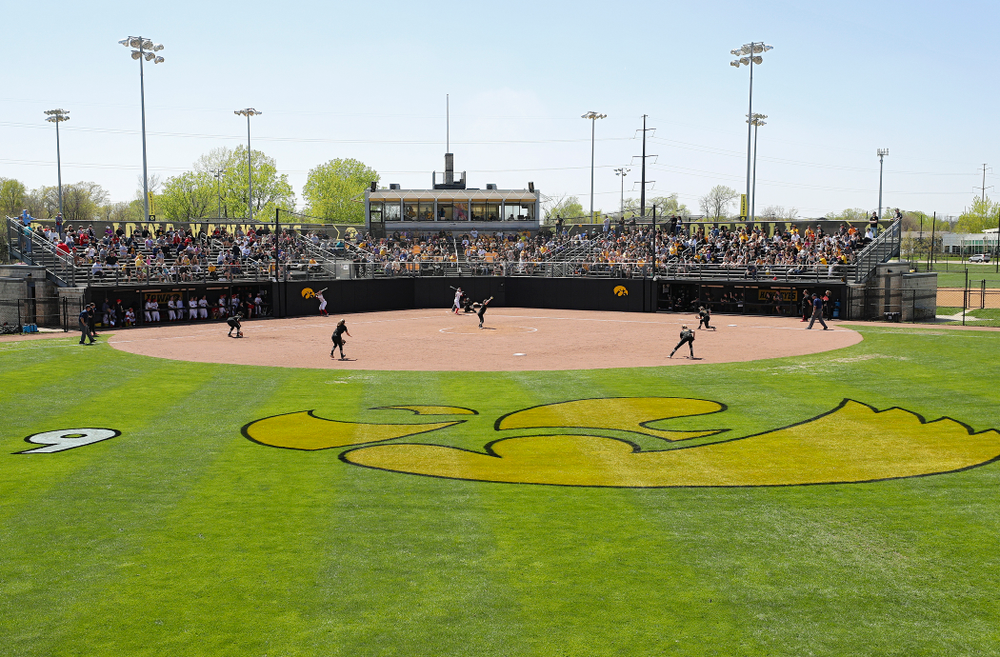 The Iowa Hawkeyes field during the fourth inning of their game against Ohio State at Pearl Field in Iowa City on Saturday, May. 4, 2019. (Stephen Mally/hawkeyesports.com)