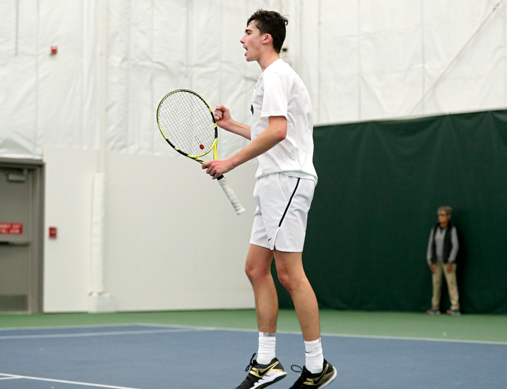 Iowa’s Matt Clegg celebrates a point during his doubles match at the Hawkeye Tennis and Recreation Complex in Iowa City on Sunday, February 16, 2020. (Stephen Mally/hawkeyesports.com)