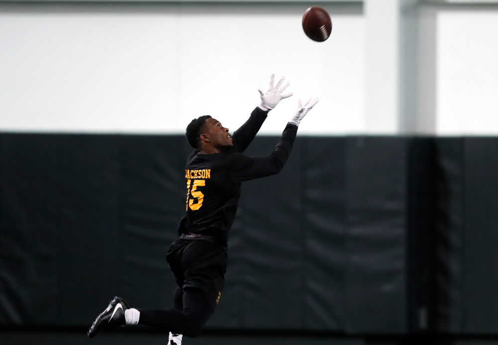 Iowa Hawkeyes defensive back Joshua Jackson (15) during the team's annual pro day Monday, March 26, 2018 at the Hansen Football Performance Center. (Brian Ray/hawkeyesports.com)