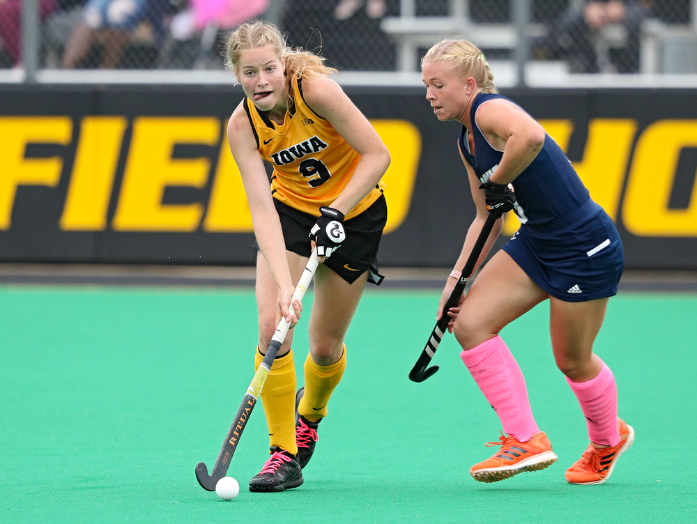 Iowa’s Sofie Stribos (9) moves with the ball during the fourth quarter of their game against UC Davis at Grant Field in Iowa City on Sunday, Oct 6, 2019. (Stephen Mally/hawkeyesports.com)