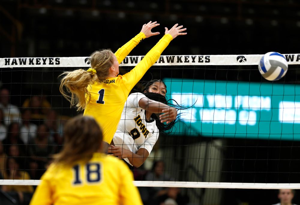 Iowa Hawkeyes middle blocker Amiya Jones (9) against the Michigan Wolverines Sunday, September 23, 2018 at Carver-Hawkeye Arena. (Brian Ray/hawkeyesports.com)