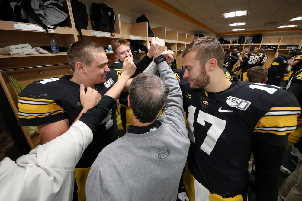 Iowa Hawkeyes quarterback Nate Stanley (4) and quarterback Ryan Schmidt (17) against the Illinois Fighting Illini Saturday, November 23, 2019 at Kinnick Stadium. (Brian Ray/hawkeyesports.com)