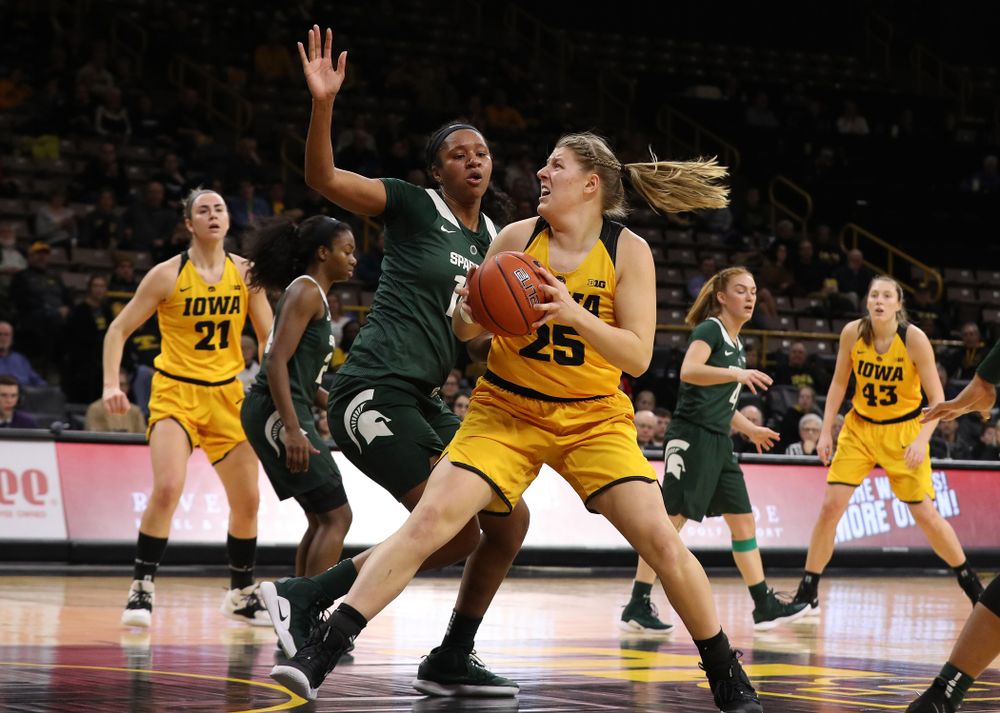 Iowa Hawkeyes forward/center Monika Czinano (25) against the Michigan State Spartans Thursday, February 7, 2019 at Carver-Hawkeye Arena. (Brian Ray/hawkeyesports.com)