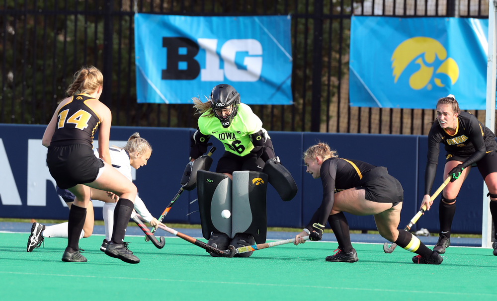 Iowa Hawkeyes goaltender Leslie Speight (96) makes a save against Penn State in the 2019 Big Ten Field Hockey Tournament Championship Game Sunday, November 10, 2019 in State College. (Brian Ray/hawkeyesports.com)