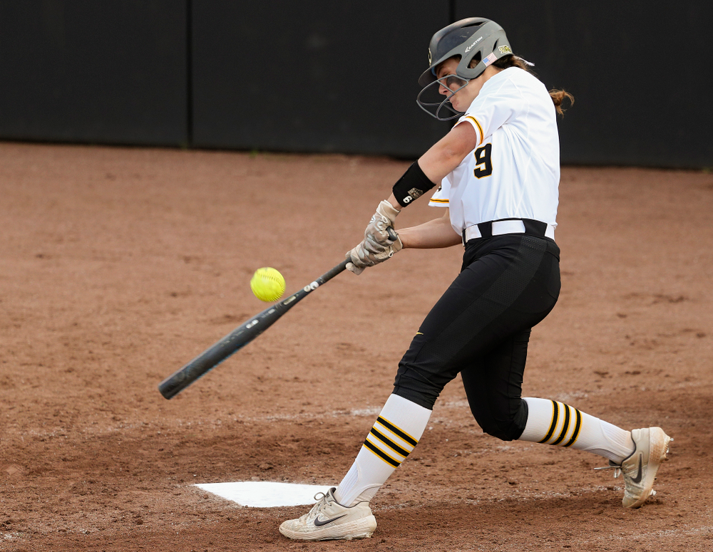 Iowa catcher Abby Lien (9) bats during the sixth inning of their game against Ohio State at Pearl Field in Iowa City on Friday, May. 3, 2019. (Stephen Mally/hawkeyesports.com)