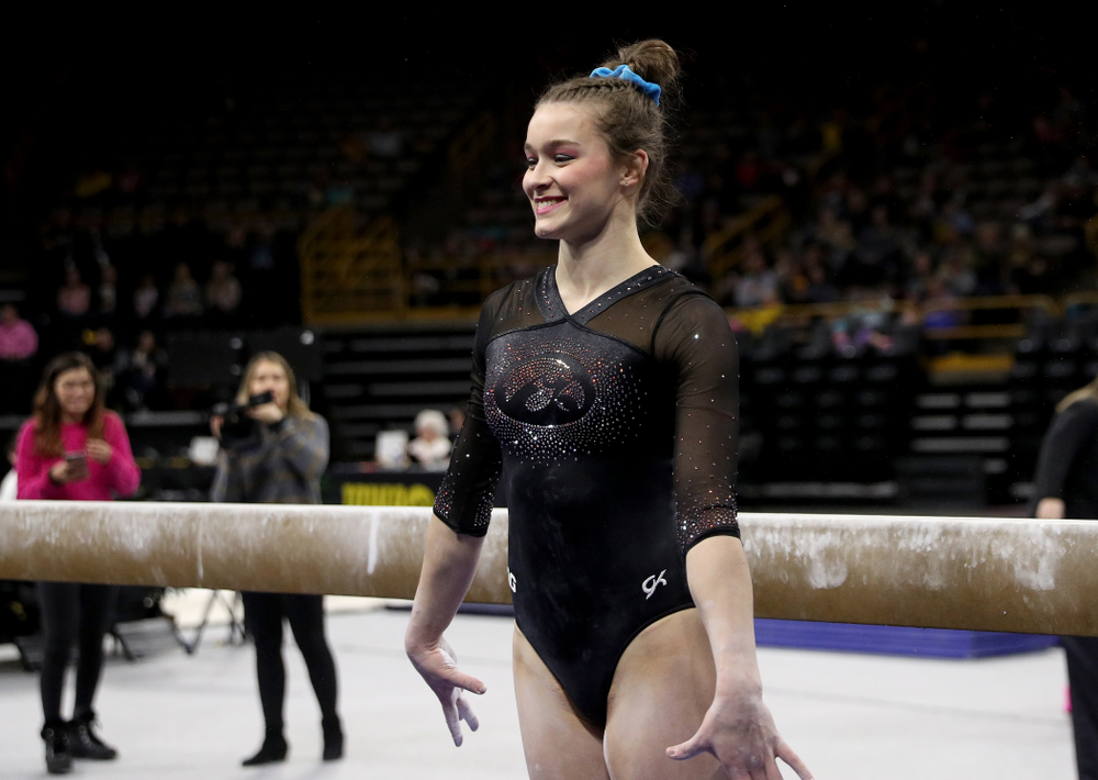 Iowa’s Mackenzie Vance competes on the beam against Michigan Friday, February 14, 2020 at Carver-Hawkeye Arena. (Brian Ray/hawkeyesports.com)