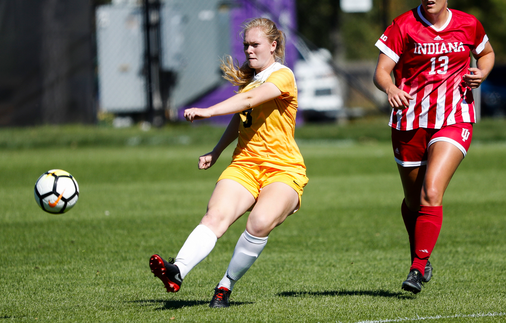 Iowa Hawkeyes defender Morgan Kemerling (3) passes the ball during a game against Indiana at the Iowa Soccer Complex on September 23, 2018. (Tork Mason/hawkeyesports.com)