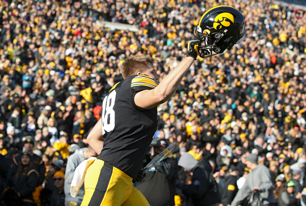 Iowa Hawkeyes tight end Drew Cook (18) is acknowledged on senior day before their game at Kinnick Stadium in Iowa City on Saturday, Nov 23, 2019. (Stephen Mally/hawkeyesports.com)
