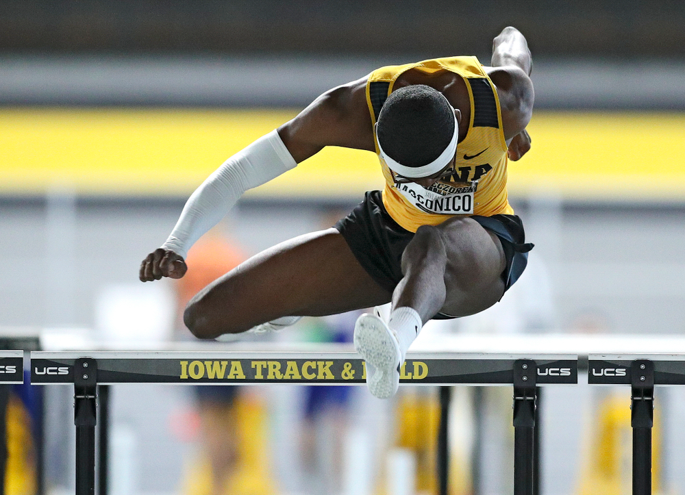 Iowa’s Jaylan McConico runs the men’s 60 meter hurdles premier event during the Larry Wieczorek Invitational at the Recreation Building in Iowa City on Saturday, January 18, 2020. (Stephen Mally/hawkeyesports.com)