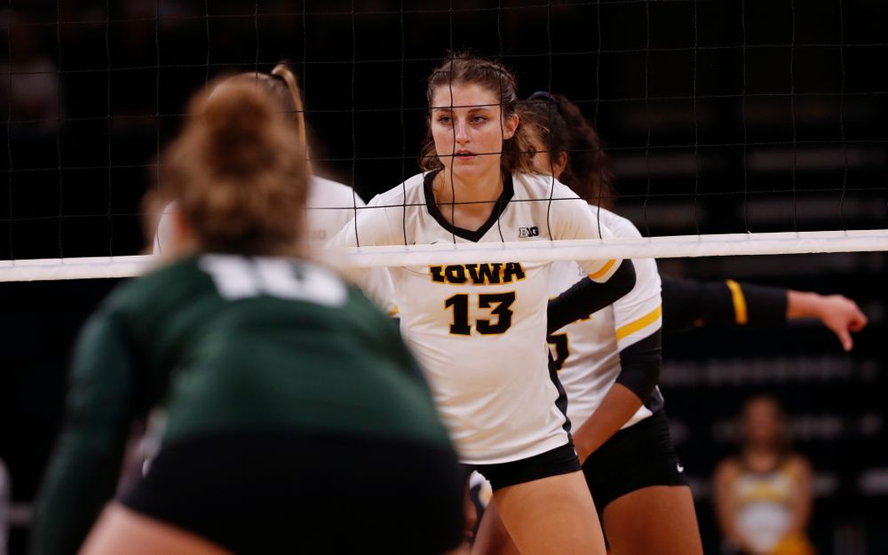 Iowa Hawkeyes middle blocker Sarah Wing (13) against the Michigan State Spartans Friday, September 21, 2018 at Carver-Hawkeye Arena. (Brian Ray/hawkeyesports.com)