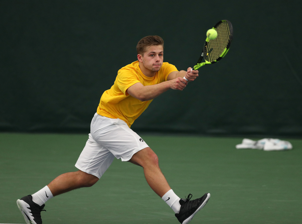 Will Davies against Utah Sunday, February 10, 2019 at the Hawkeye Tennis and Recreation Complex. (Brian Ray/hawkeyesports.com)