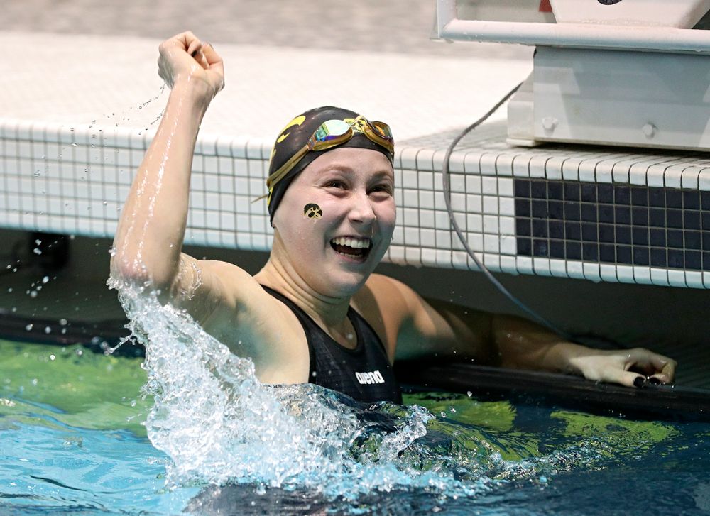 Iowa’s Aleksandra Olesiak reacts after setting a career-best time in the women’s 200 yard breaststroke C final event during the 2020 Women’s Big Ten Swimming and Diving Championships at the Campus Recreation and Wellness Center in Iowa City on Saturday, February 22, 2020. (Stephen Mally/hawkeyesports.com)