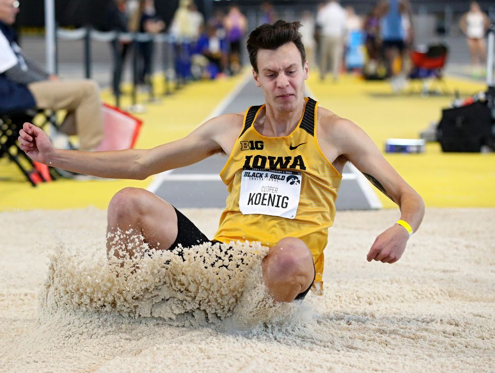 Iowa’s Cooper Koenig competes in the men’s long jump event at the Black and Gold Invite at the Recreation Building in Iowa City on Saturday, February 1, 2020. (Stephen Mally/hawkeyesports.com)