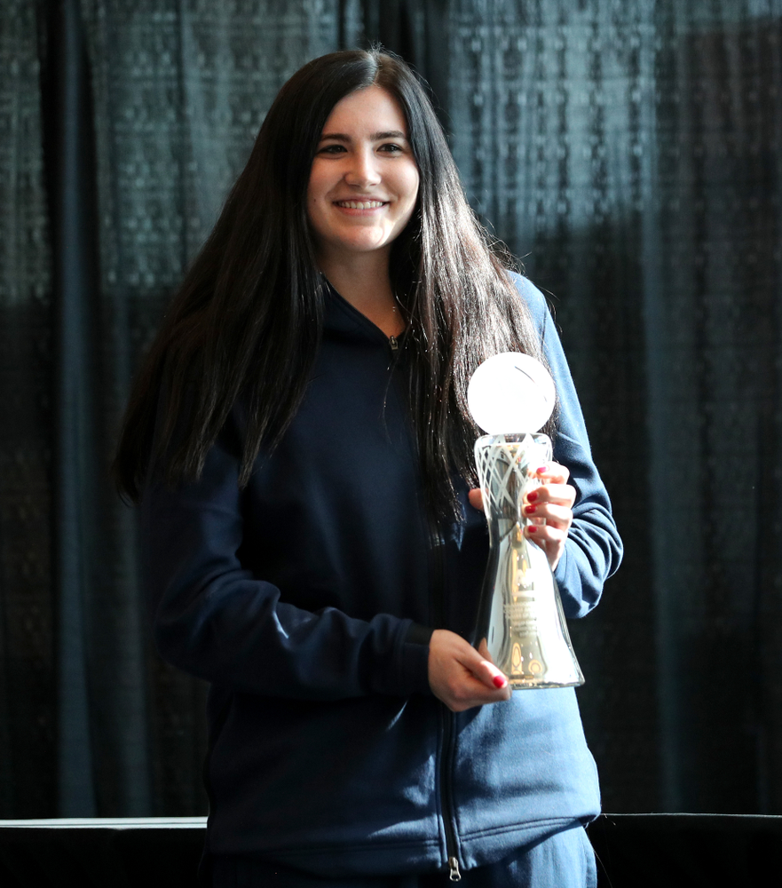Iowa Hawkeyes forward Megan Gustafson (10) receives the Associated Press Player of the Year award during a news conference Wednesday, April 4, 2018 at Amalie Arena in Tampa, FL. (Brian Ray/hawkeyesports.com)
