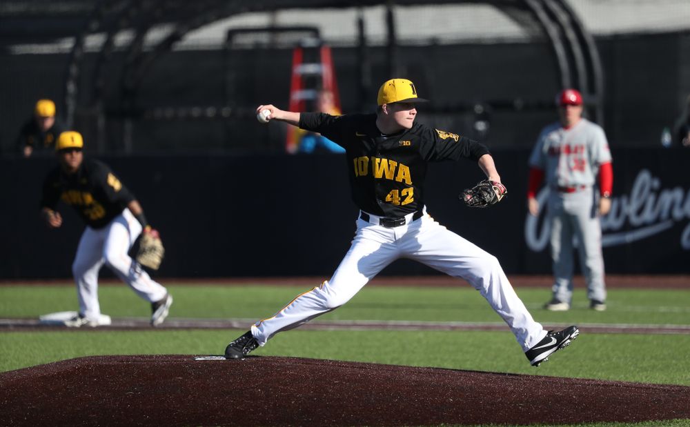 Iowa Hawkeyes Trace Hoffman (42) against the Bradley Braves Tuesday, March 26, 2019 at Duane Banks Field. (Brian Ray/hawkeyesports.com)