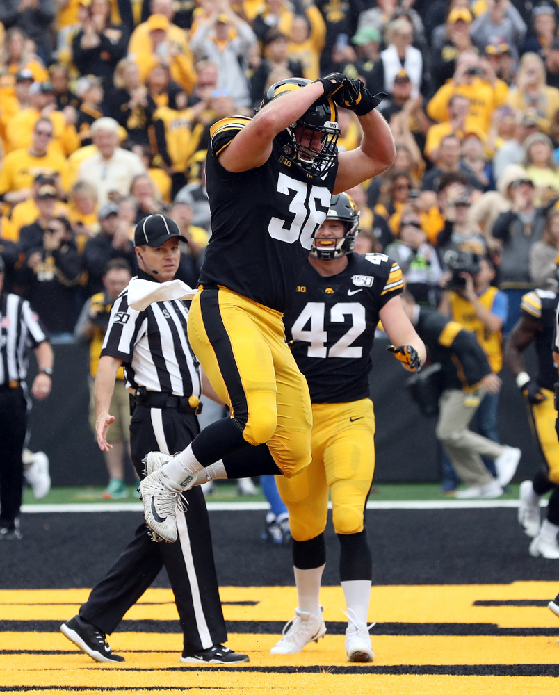 Iowa Hawkeyes fullback Brady Ross (36) celebrates after scoring a touchdown against Middle Tennessee State Saturday, September 28, 2019 at Kinnick Stadium. (Brian Ray/hawkeyesports.com)