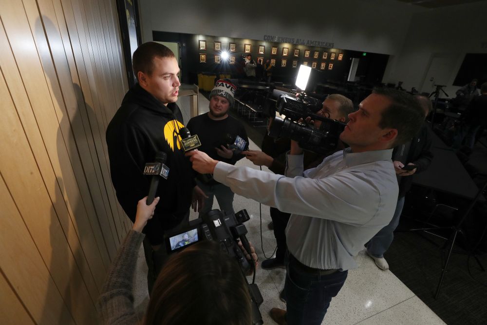 Iowa Hawkeyes quarterback Nate Stanley (4) answers questions from the media on the Hawkeyes selection to face USC in the 2019 Holiday Bowl Sunday, December 8, 2019 at the Hansen Football Performance Center. (Brian Ray/hawkeyesports.com)