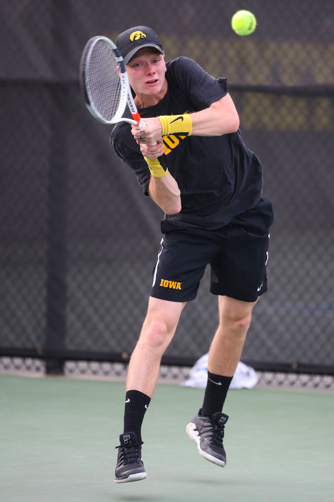 IowaÕs Jason Kerst at tennis vs Illinois State on Sunday, April 21, 2019 at the Hawkeye Tennis and Recreation Complex. (Lily Smith/hawkeyesports.com)