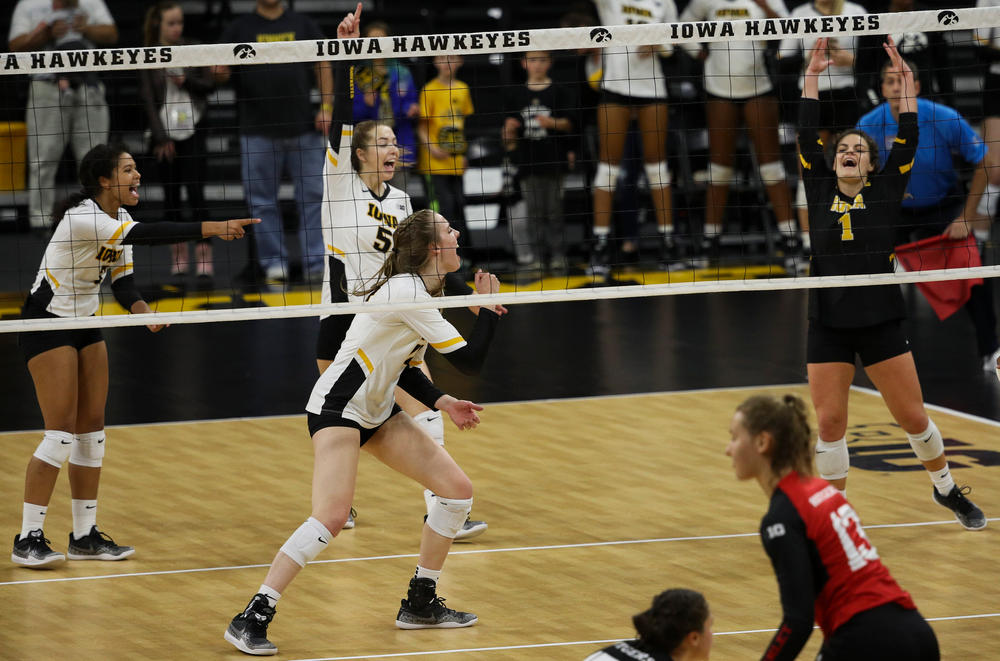 Iowa Hawkeyes middle blocker Hannah Clayton (18) celebrates after winning a point during a match against Rutgers at Carver-Hawkeye Arena on November 2, 2018. (Tork Mason/hawkeyesports.com)