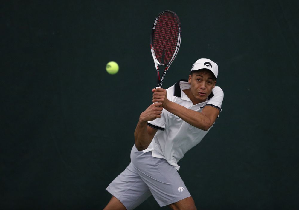 Iowa's Oliver Okonkwo against Western Michigan Saturday, January 19, 2019 at the Hawkeye Tennis and Recreation Complex. (Brian Ray/hawkeyesports.com)