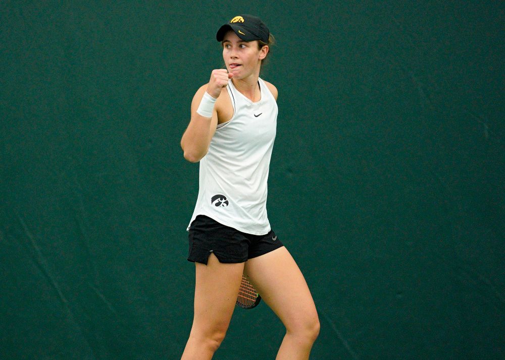 Iowa’s Elise Van Heuvelen celebrates a point during her singles match at the Hawkeye Tennis and Recreation Complex in Iowa City on Sunday, February 16, 2020. (Stephen Mally/hawkeyesports.com)