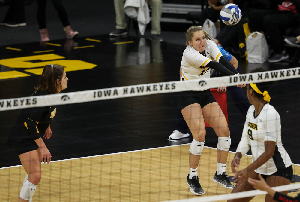Iowa Hawkeyes defensive specialist Maddie Slagle (15) bumps the ball during a match against Rutgers at Carver-Hawkeye Arena on November 2, 2018. (Tork Mason/hawkeyesports.com)