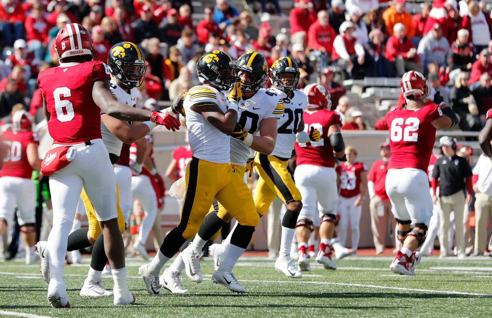 Iowa Hawkeyes defensive back Geno Stone (9) against the Indiana Hoosiers Saturday, October 13, 2018 at Memorial Stadium, in Bloomington, Ind. (Brian Ray/hawkeyesports.com)